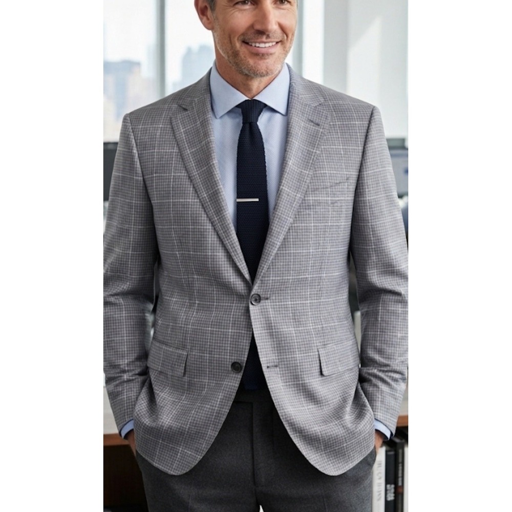 Loro Piana Hugo Boss Pasini2 Mens 48R Taupe Glen Check Wool Windowpane Blazer